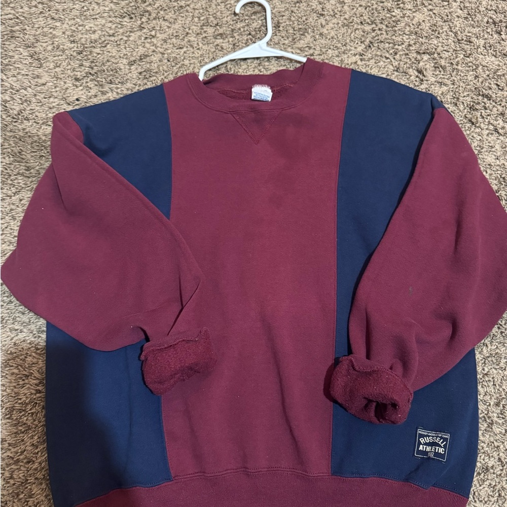 Russell Athletic Men's Maroon and Dark Blue Crewneck Sweater